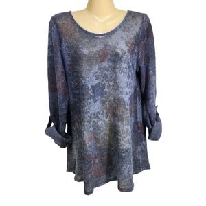 Soft Surroundings Blue Grey Wool Floral Knit Tunic Lace Back Panel Womens Size L